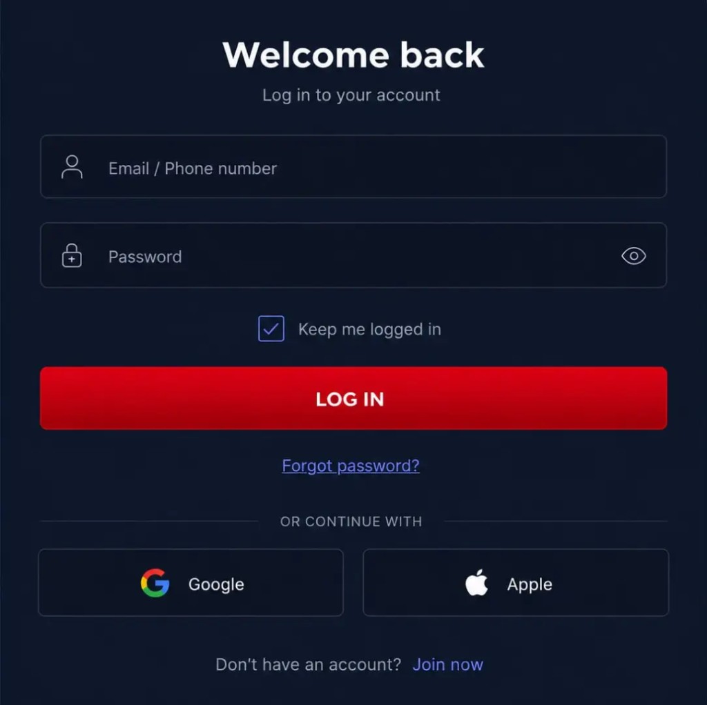 VegasHero login: Welcome back, email, password and Log in button