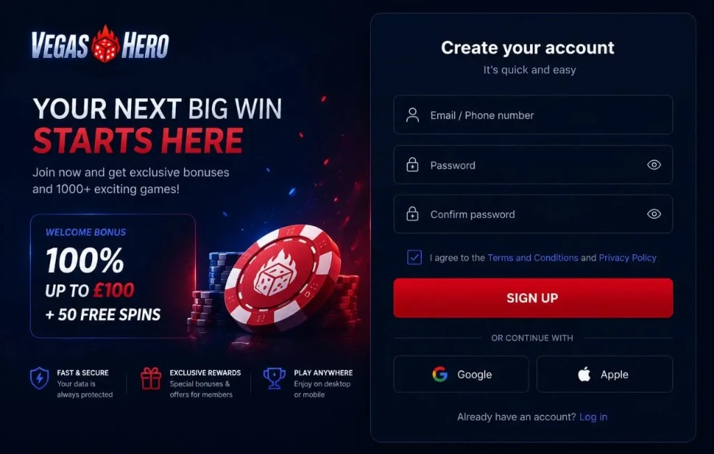 Vegas Hero login: welcome bonus up to &pound;100 and 50 free spins